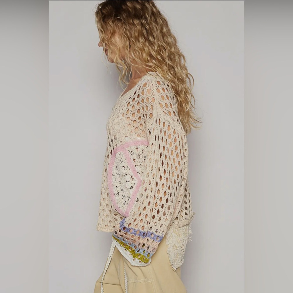 POL Open-Knit V-Neck Sweater in Beige with Pink and Blue Accents - Picture 9 of 11